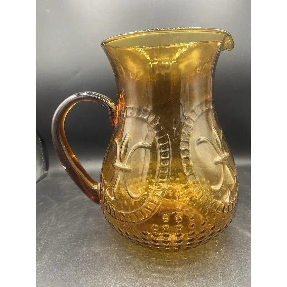 Vintage Zrike Renaissance Amber Glass Pitcher 90 oz 9.5” Embossed Glass